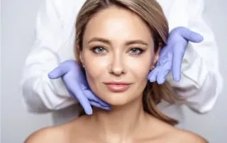 A doctor wearing blue gloves gently touches a woman's face, holding her jawline. The woman has light hair and blue eyes, and she is looking directly at the camera. The doctor is in the background, out of focus, wearing a white coat.